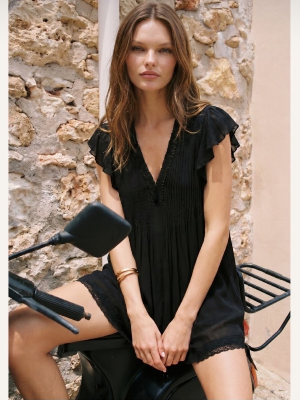 Poupette St Barth Sasha Ruffled Pleated Mini Dress Size S Black Fringe Crochet
